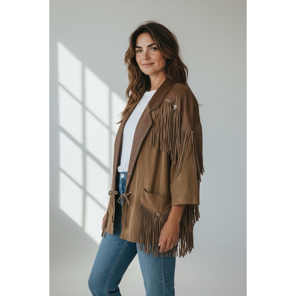vtg Outerwear By Phoenix tan suede ostrich leather trim rodeo fringe jacket sz L - Picture 5 of 10